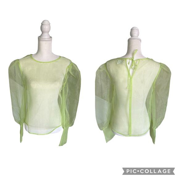 Grey Lab Sheer Neon Green Long Sleeve Keyhole Back Tie Closure Blouse Size Large - Picture 3 of 10
